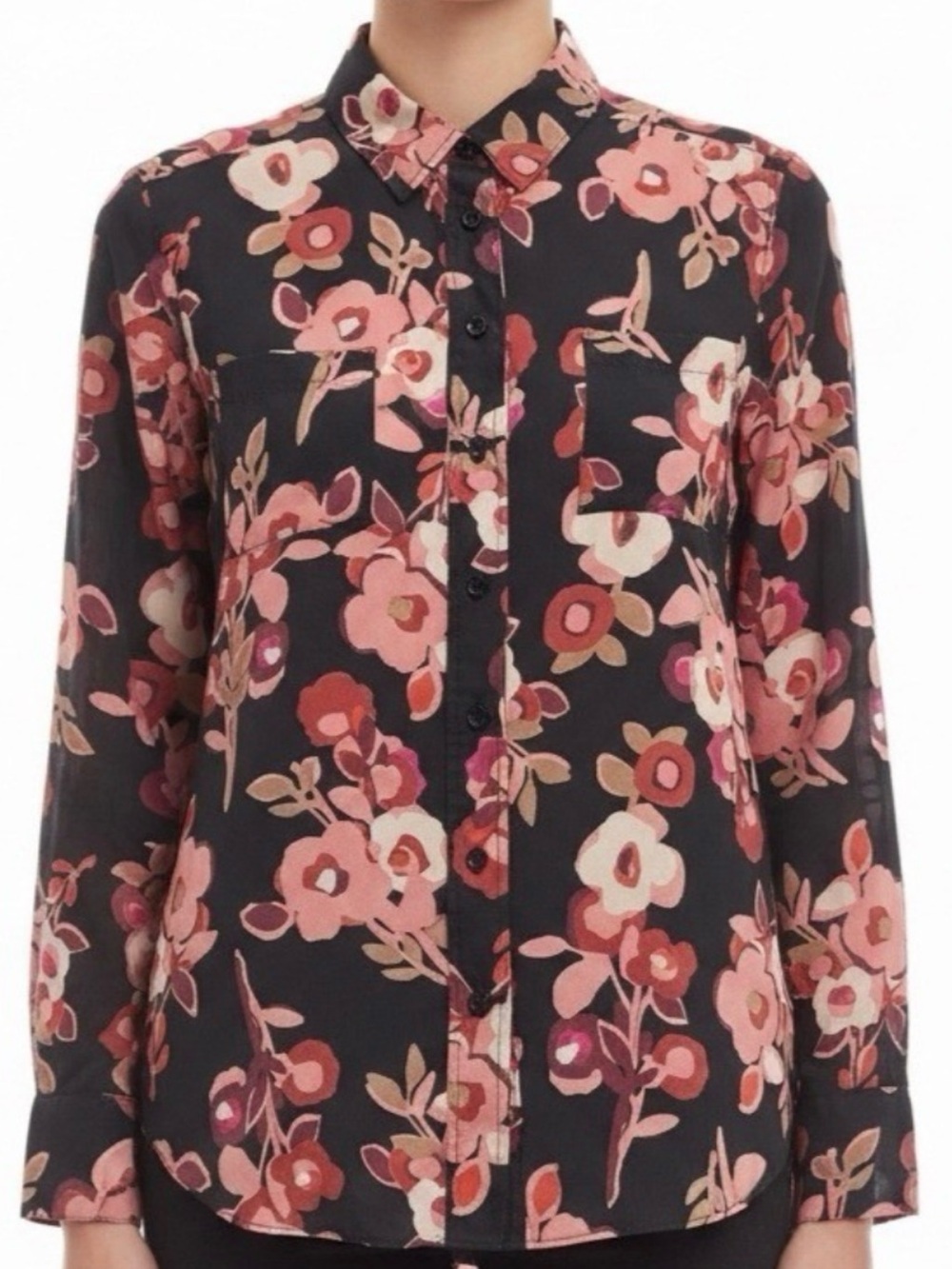 NWT Kate Spade Shadow Buds 100% Silk Shirt Blouse Black Pink Small